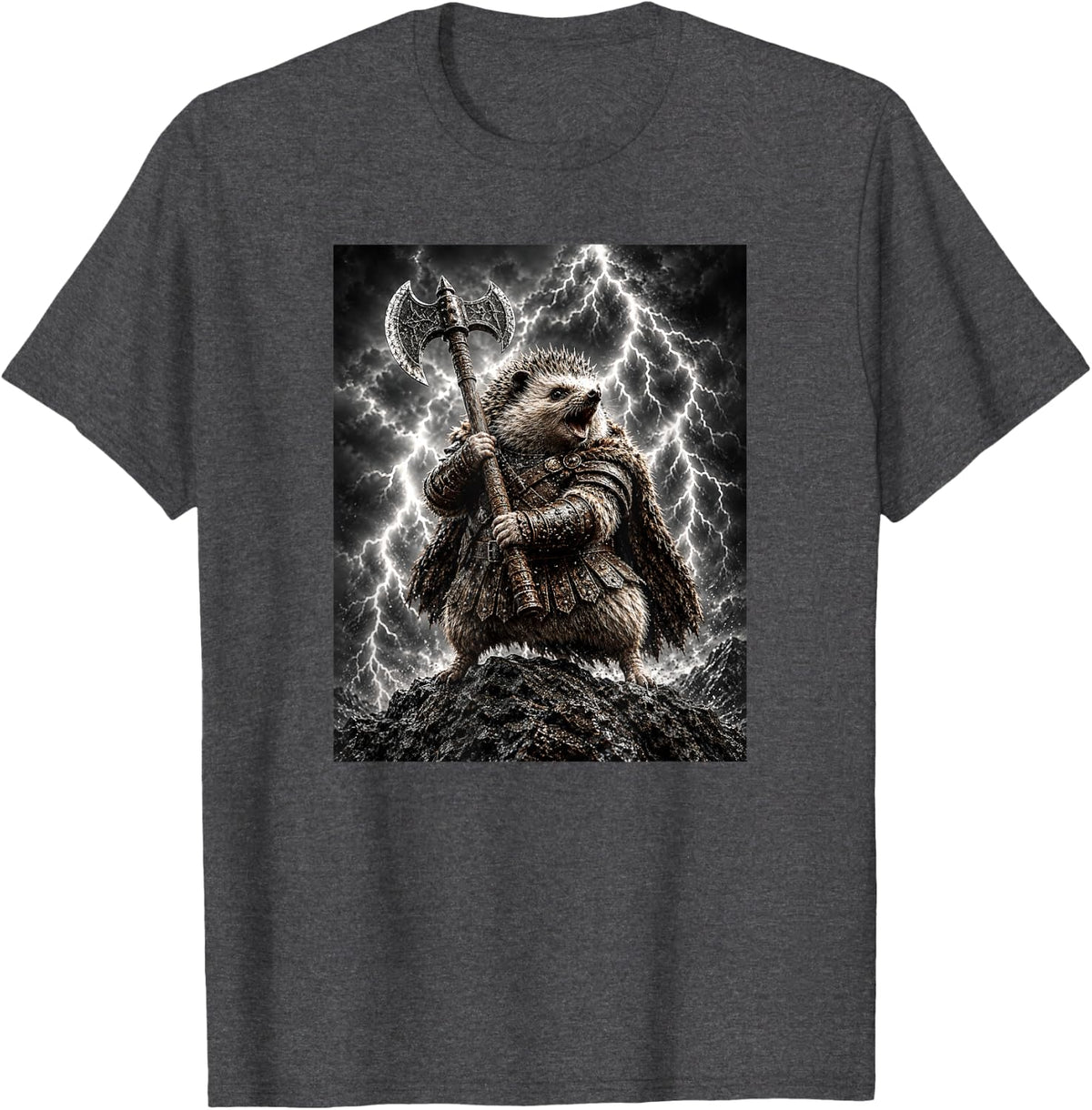 Storm Hedgehog Lightning Axe Fantasy Warrior T-Shirt - Dark Heather Grey