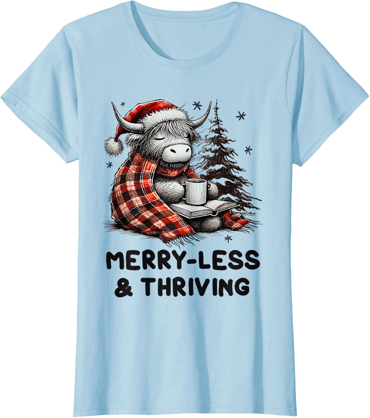 Cute Highland Cow Christmas Coffee and Books Lover Xmas Fun T-Shirt - Baby Blue
