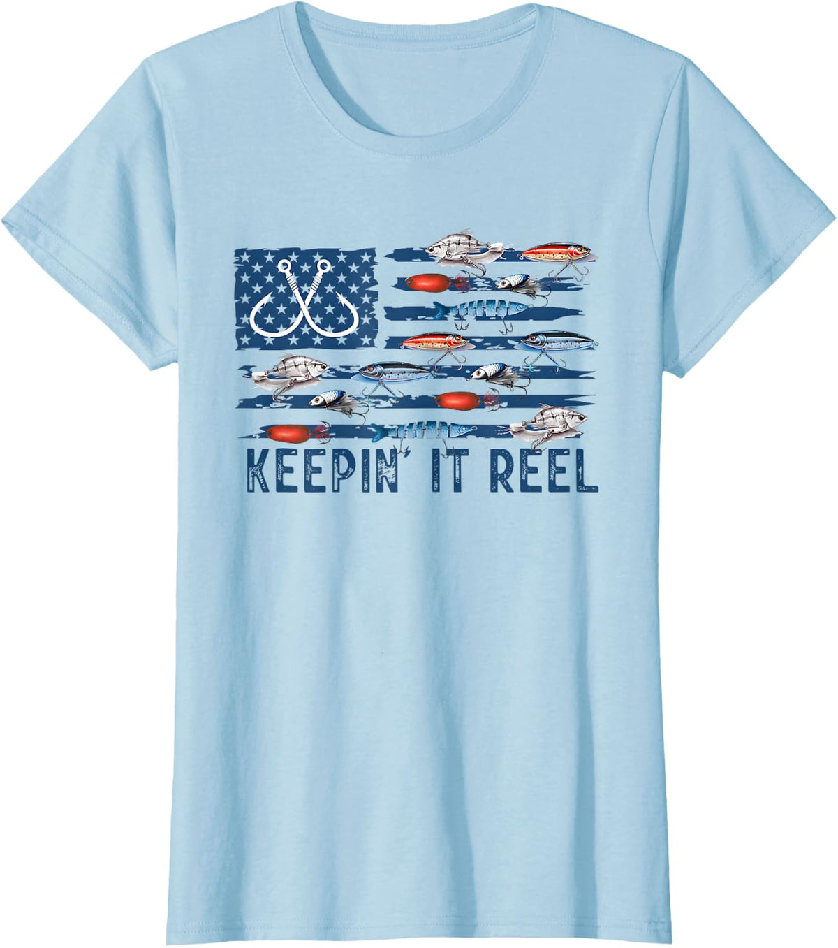 Keepin' It Reel Fishing Lure Flag Fisherman Bass Fishing T-Shirt - Baby Blue