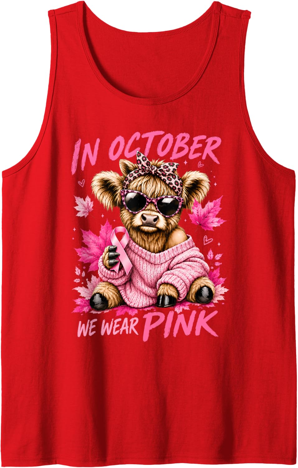 in October We Wear Pink Highland Cow Autumn Breast Cancer Sleeveless Tank Top - Red