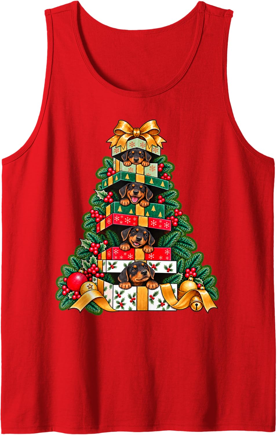 Doberman Pinscher Stacked Wrapped Box Holiday Tree Surprise Sleeveless Tank Top - Red