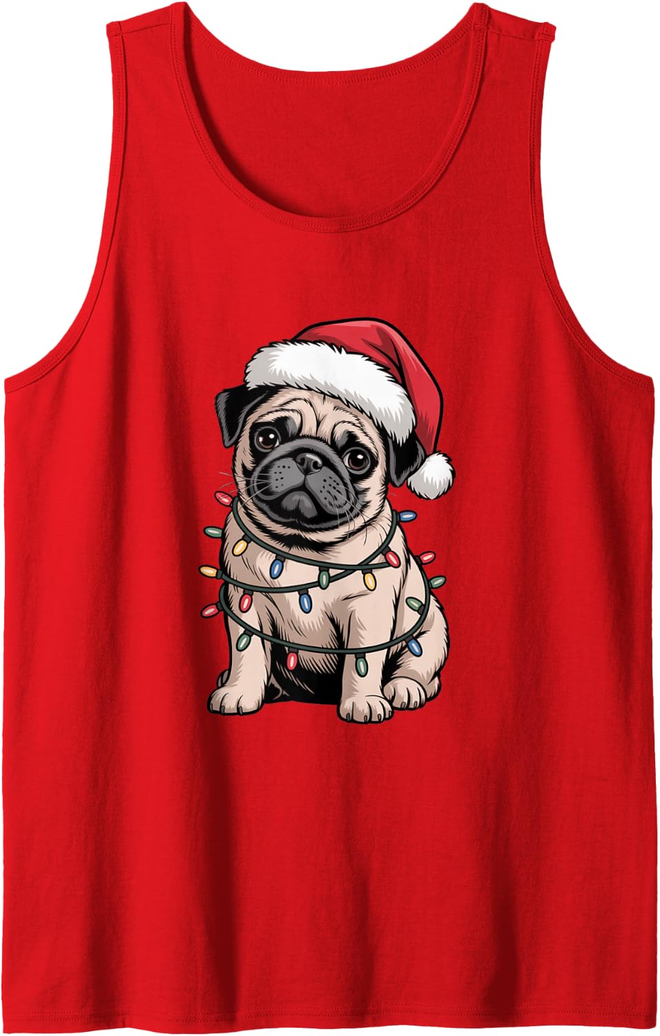 Festive Cute Pug Puppy Christmas Lights Dog Mom Dad Lover Sleeveless Tank Top - Red