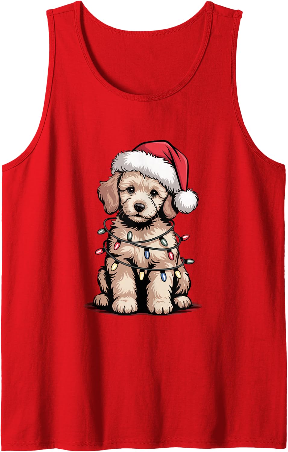Festive Cute Poodle Puppy Christmas Lights Dog Mom Dad Lover Sleeveless Tank Top - Red