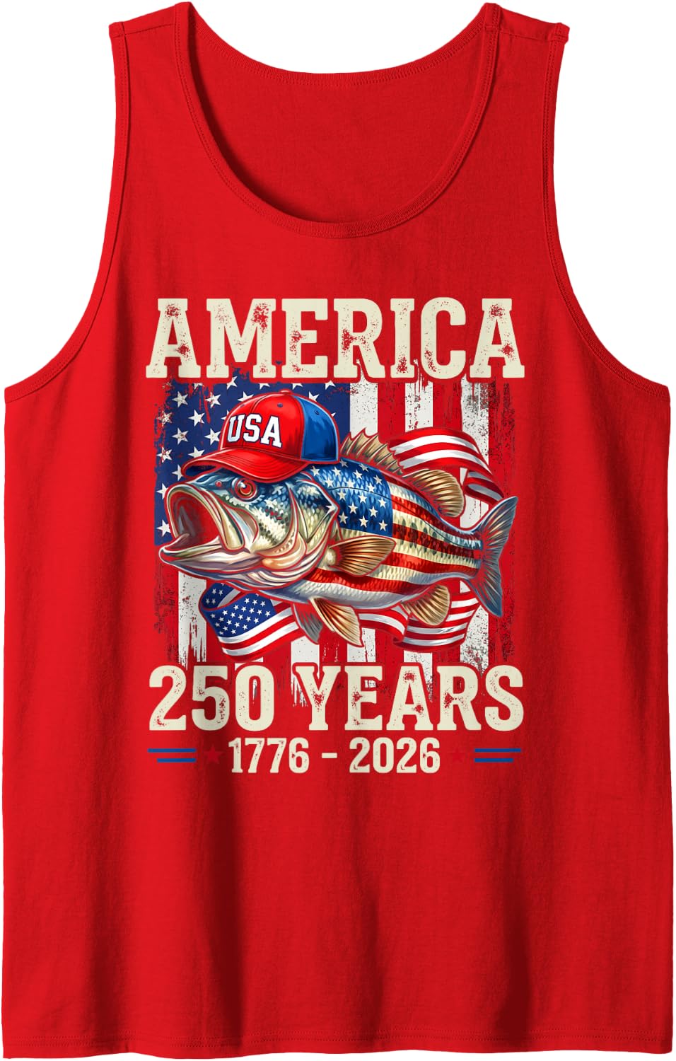 250 Years 1776 2026 Bass Fishing USA Flag 250th Birthday Men Tank Top - Red