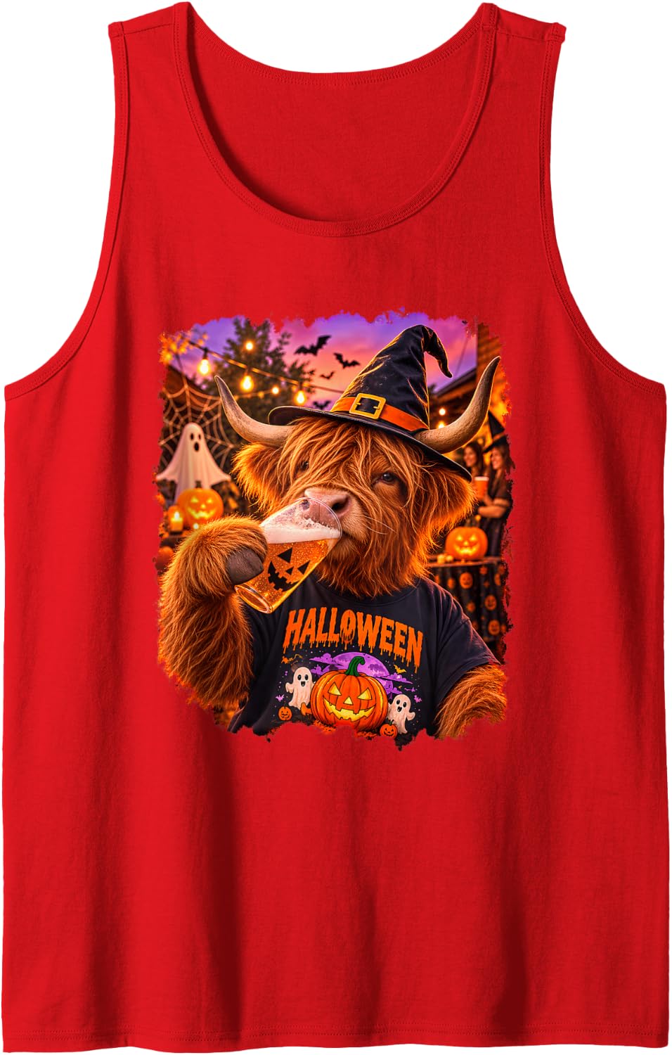 Halloween Highland Cow Drinking Pumpkin Cup Funny Costume Tank Top - Red