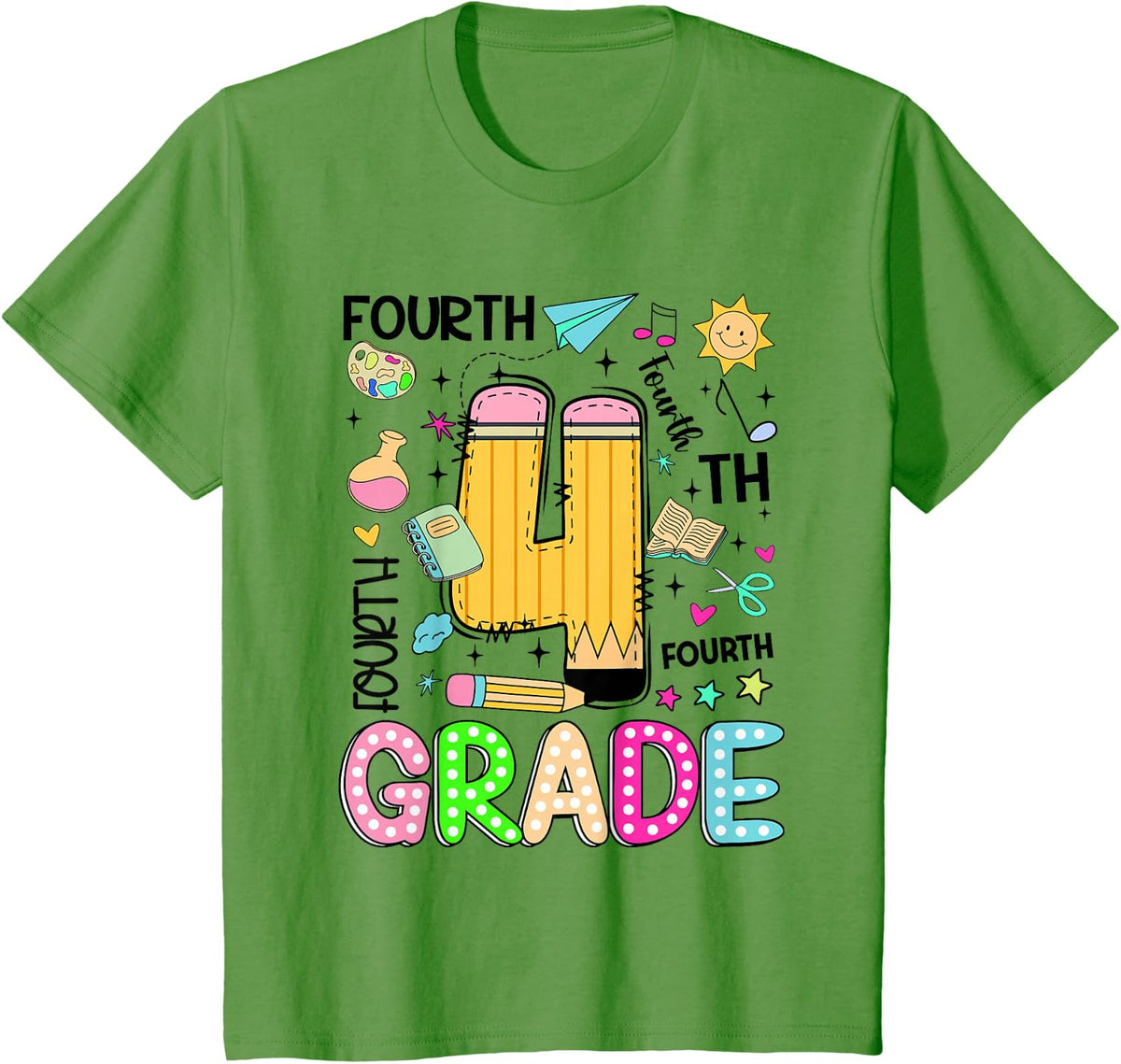 Preppy Fourth Grade Back to School Pencil Student Teacher T-Shirt - Grass Green