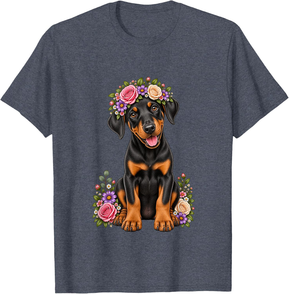 Dobermann Cute Floral Puppy Crown Flowers T-Shirt - Heather Blue