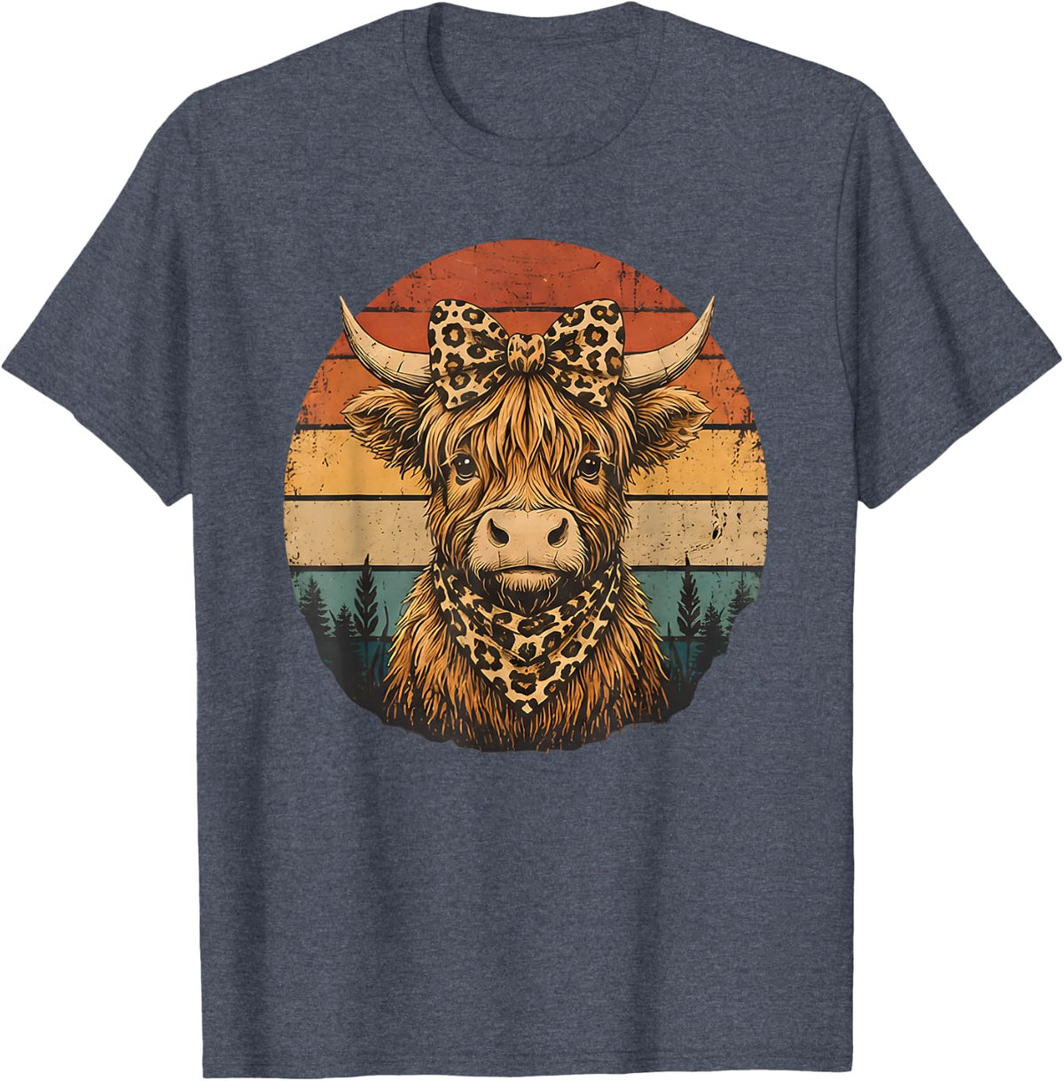 Highland Cow Leopard Bow Retro Sunset Bandana Cattle T-Shirt - Heather Blue