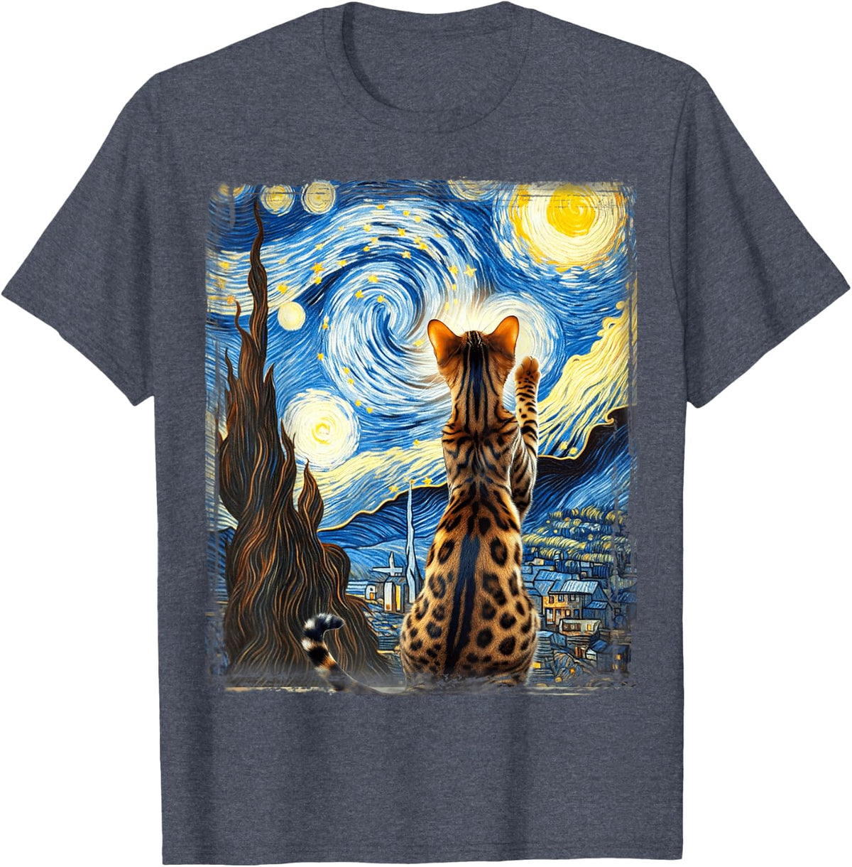 Van Gogh Starry Night Style Artistic Bengal Cat T-Shirt - Heather Blue