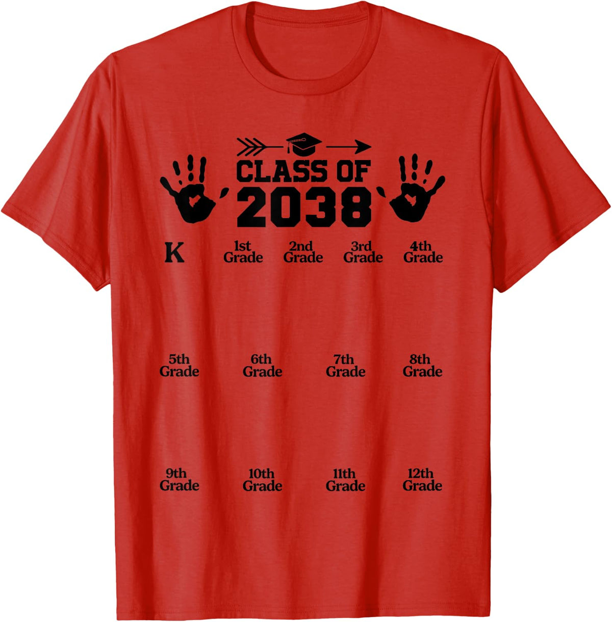 Class of 2038 Grow with Me Handprint Pre-K 12th Grade T-Shirt - Red