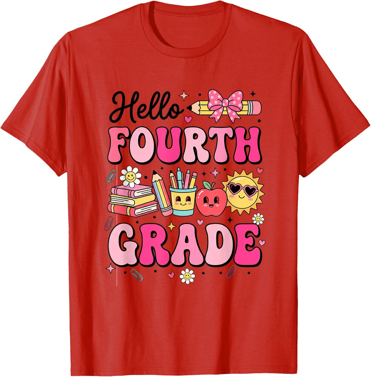 Hello Fourth Grade Back to School Retro Teacher Student T-Shirt - Red
