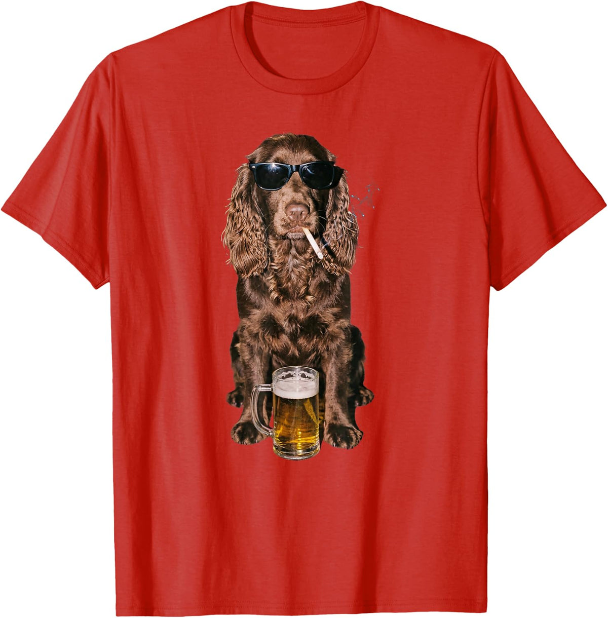 Funny Cocker Spaniel Drinking Beer Smoking Cigarette T-Shirt - Red