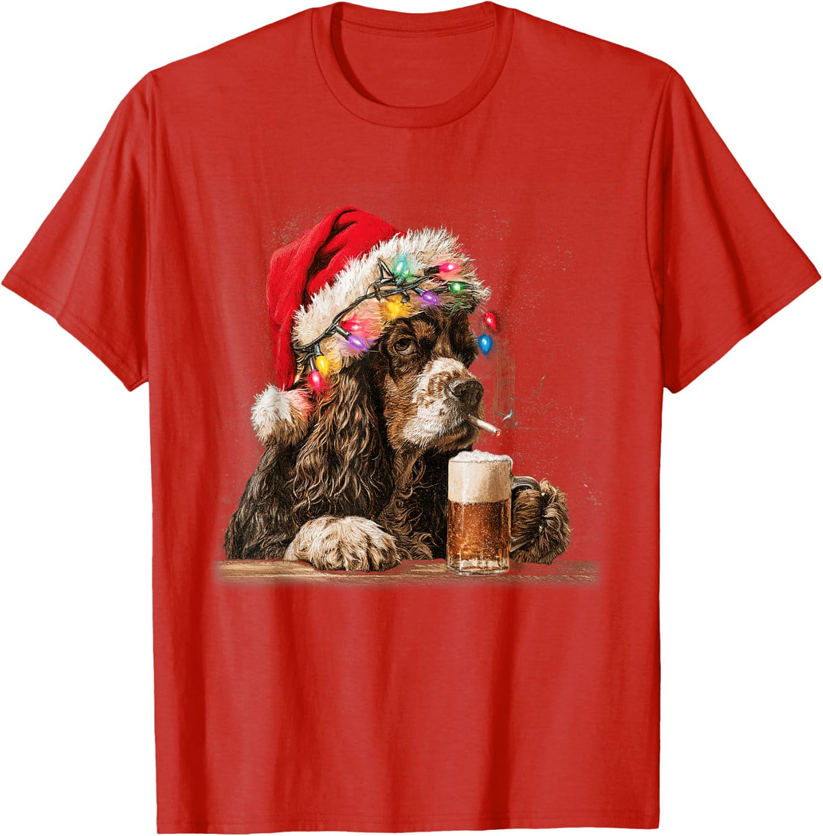 Cocker Spaniel Drinking Beer Funny Dog with Santa Hat T-Shirt - Red
