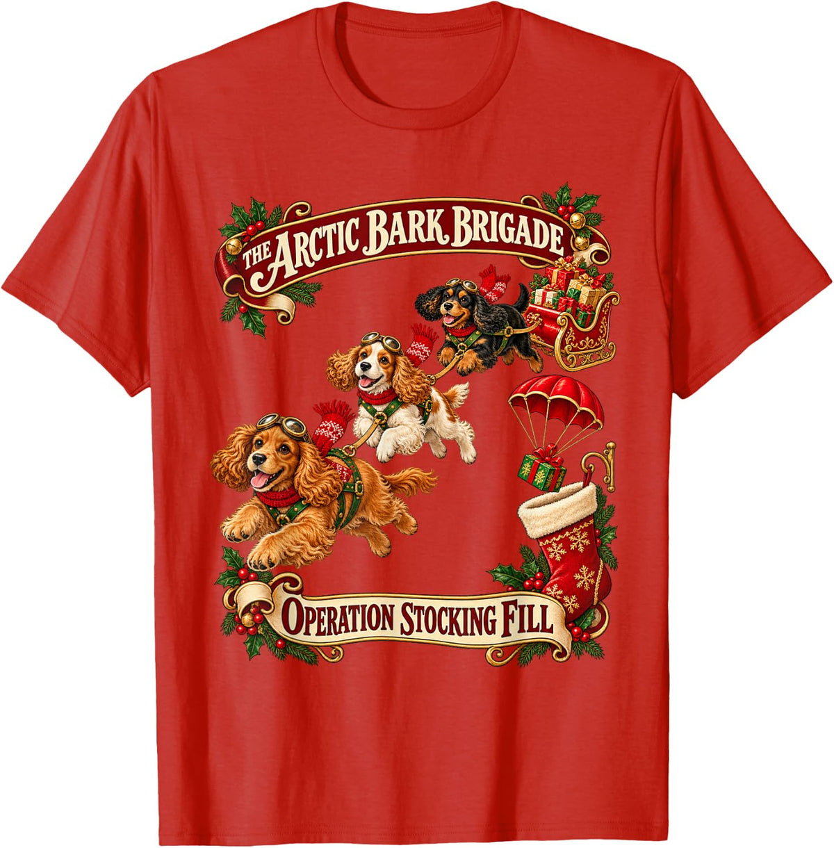 Cute Cocker Spaniel Dog Christmas Airborne Stocking Crew T-Shirt - Red