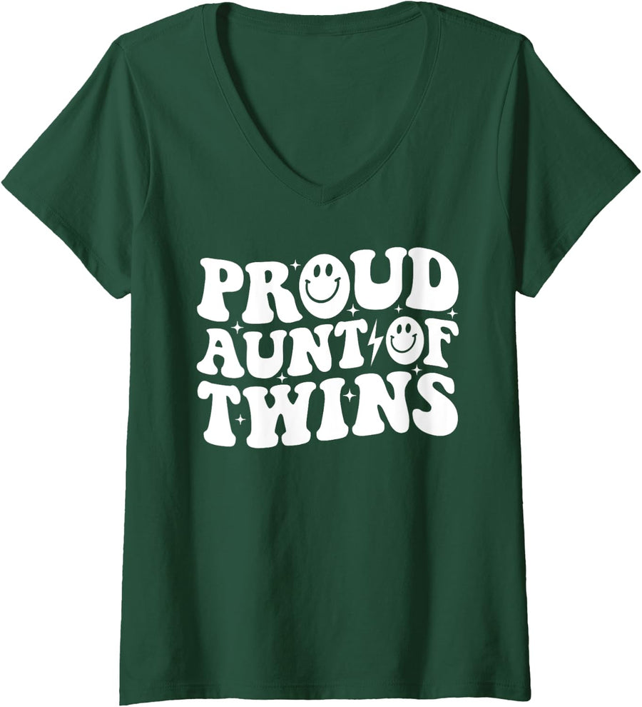 Womens Proud Aunt of Twins Funny Baby Shower Twin Girl Boy Auntie V-Neck T-Shirt - Dark Green