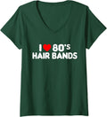 Womens I Love 80s Hair Bands Funny Metal Rock Glam Band Party Gift V-Neck T-Shirt - Dark Green