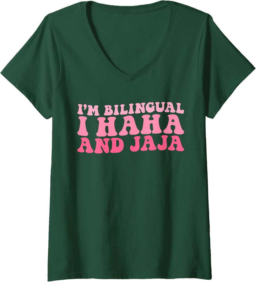 Womens I’m Bilingual I HAHA and JAJA Funny Spanish Teacher Bilingue V-Neck T-Shirt - Dark Green