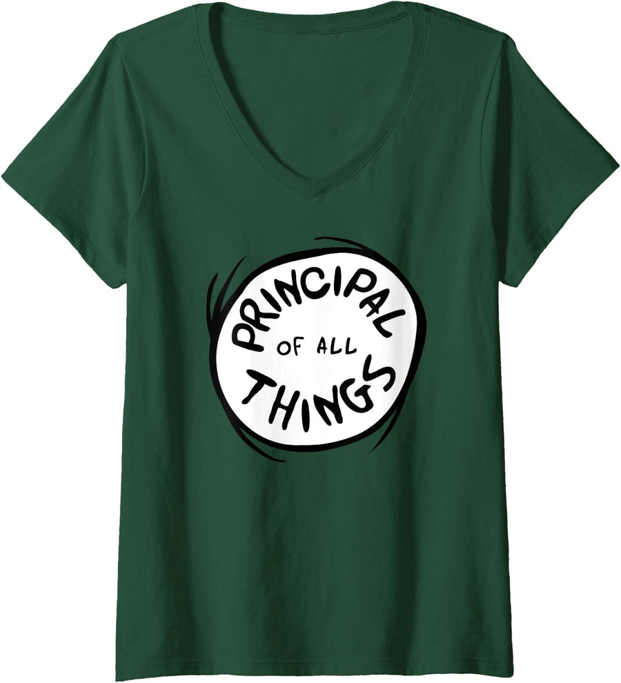 Womens Dr. Seuss Principal of All Things Emblem Colour V-Neck T-Shirt - Dark Green