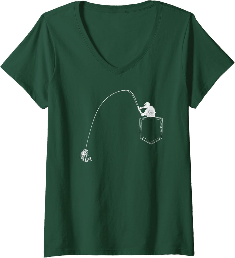 Women's Angler in The Bag Fishing Fish Funny Gift V-Neck T-Shirt - Dark Green