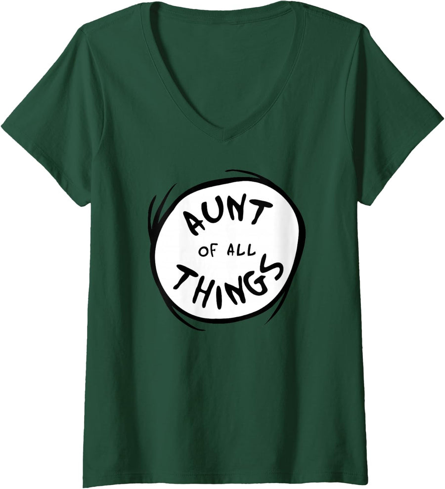 Womens Dr. Seuss Aunt of All Things Emblem Colour Option V-Neck T-Shirt - Dark Green