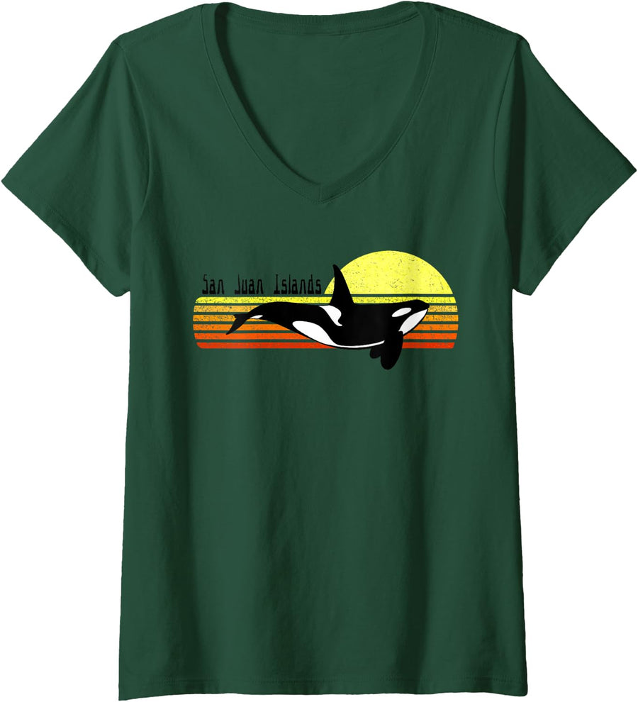 Womens San Juan Islands Washington State Orca Vintage Retro Sunset V-Neck T-Shirt - Dark Green