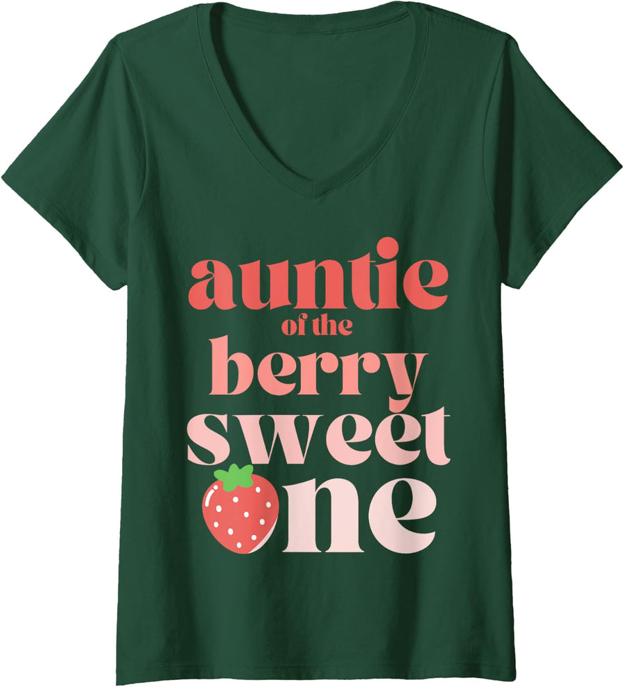 Womens Auntie of the Berry Sweet One Strawberry Aunt V-Neck T-Shirt - Dark Green