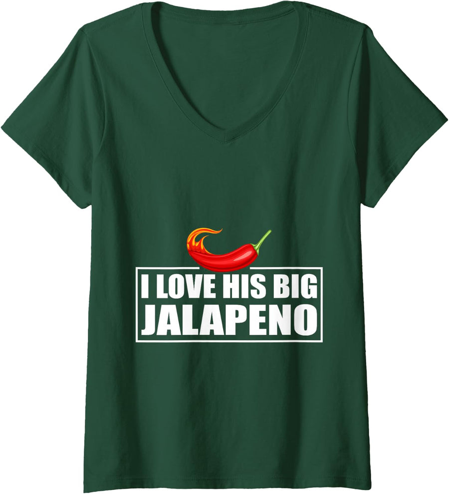 Women's I Love His Big Jalapeno Mexican Fiesta Cinco de Mayo Moustac V-Neck T-Shirt - Dark Green