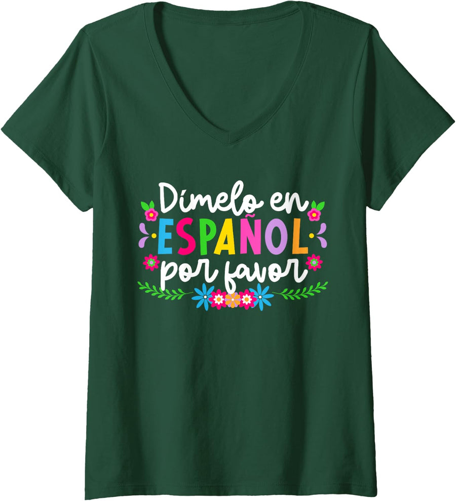 Dimelo En Español Maestra De Español Spanish Teacher V-Neck T-Shirt - Dark Green