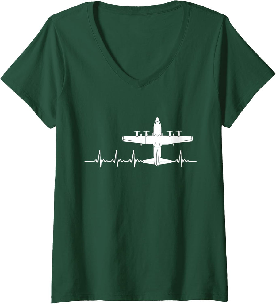 Women's C-130 Hercules Heartbeat Warplane Airplane Military V-Neck T-Shirt - Dark Green