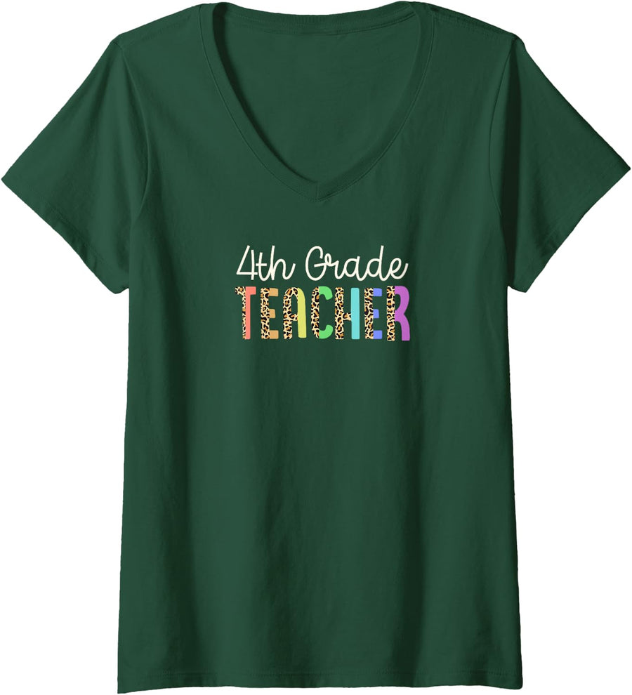 Women's 4th Grade Teacher Colorful Leopard Print Pattern Style V-Neck T-Shirt - Dark Green