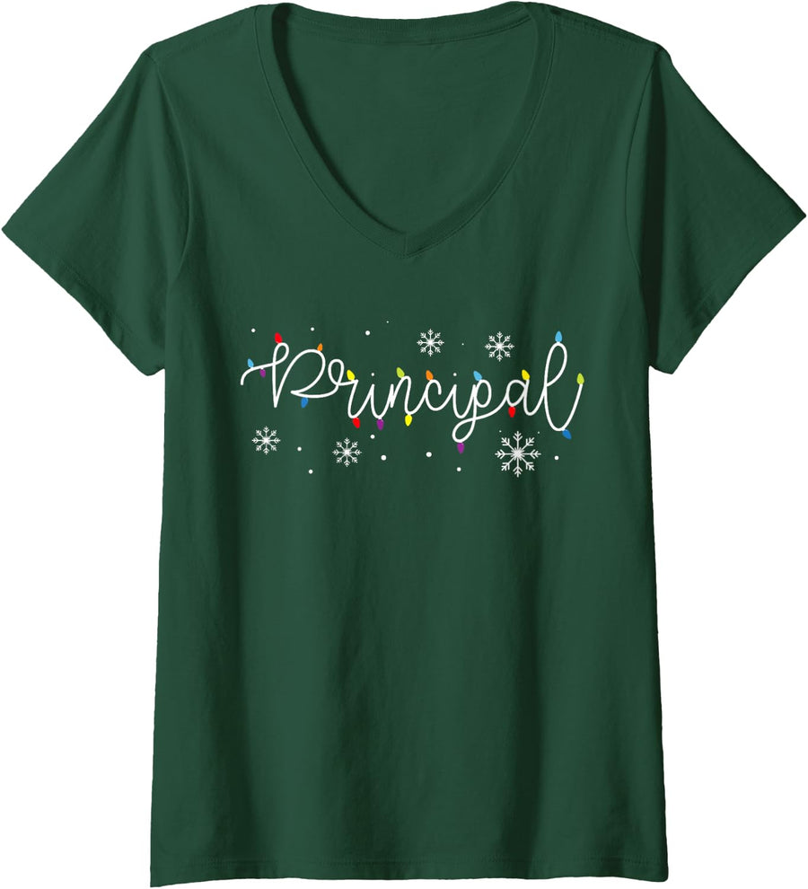 Women's Cute Christmas Principal Life X-mas Light Festive Admin Team V-Neck T-Shirt - Dark Green