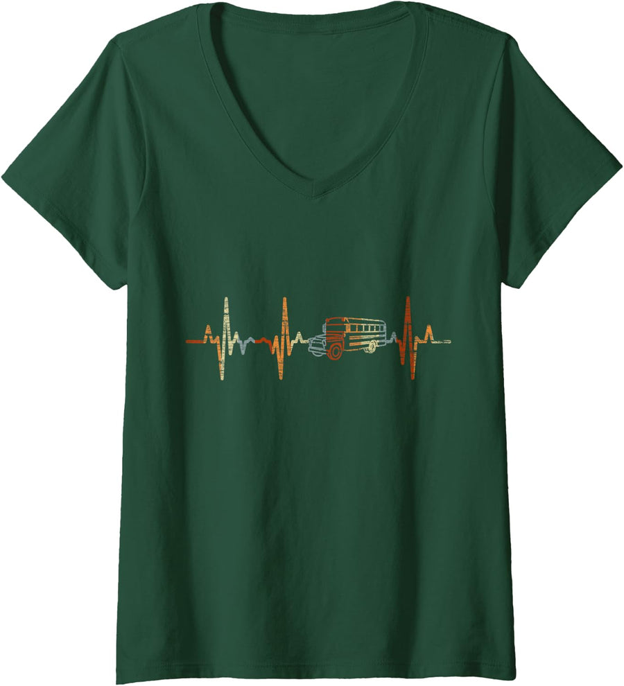 Women's School Bus Driver Heartbeat Vintage ECG Cardiogram Retro V-Neck T-Shirt - Dark Green