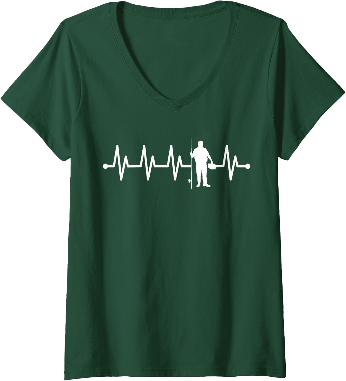 Women's ECG Pulse Heartbeat Angler V-Neck T-Shirt - Dark Green