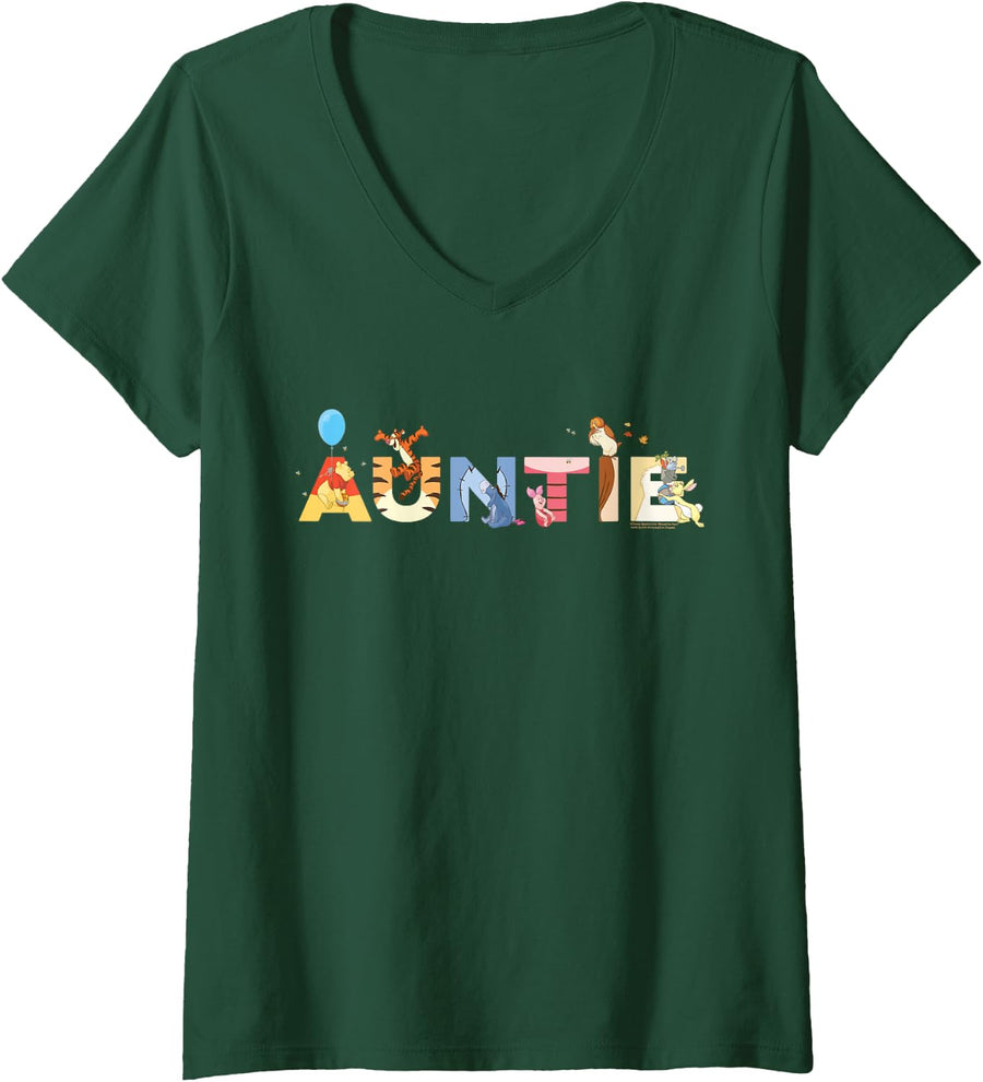Women's Disney Winnie The Pooh & Friends Auntie Family Disney Trip V-Neck T-Shirt - Dark Green