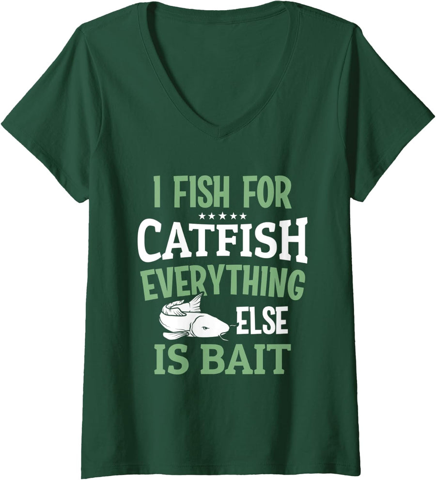 Womens Catfish Outfit Fisherman Catfishing Flathead Fisher V-Neck T-Shirt - Dark Green