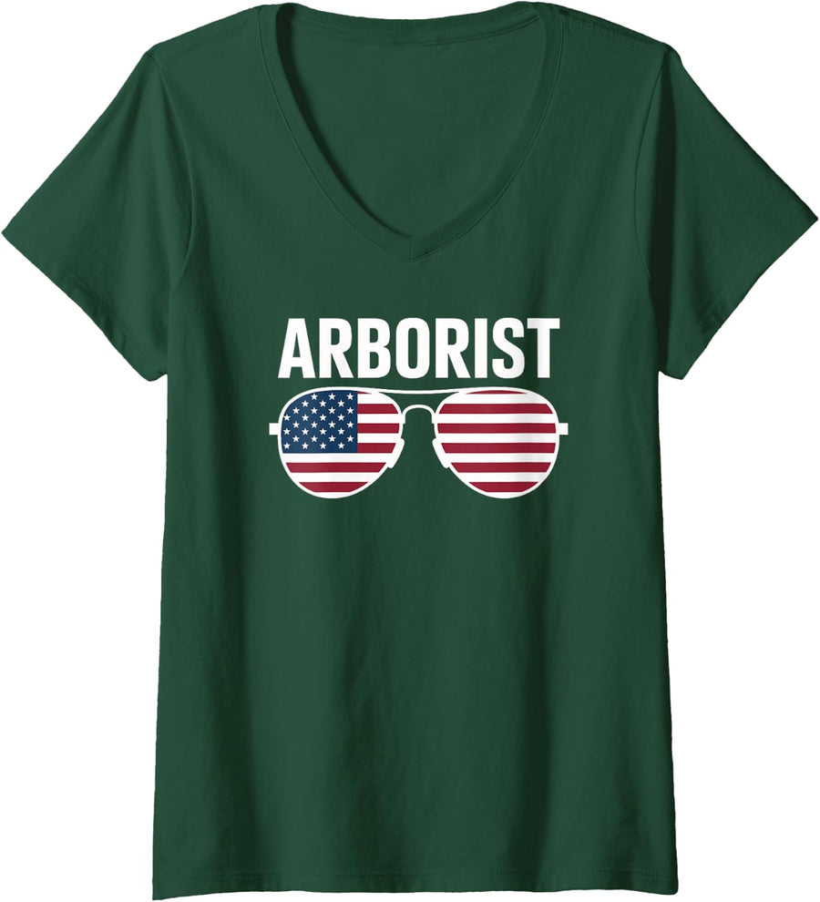 Women's Arborist American Flag Sunglasses Patriotic V-Neck T-Shirt - Dark Green