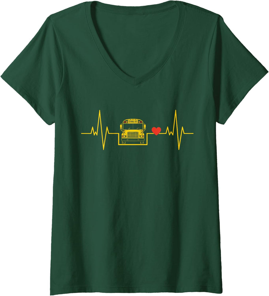 Women's School Bus Driver Heartbeat EKG Transportation Design V-Neck T-Shirt - Dark Green