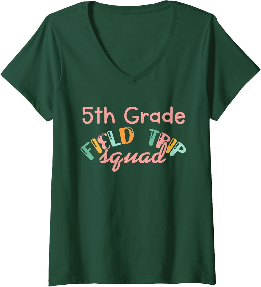Women's 5th Grade Field Day Squad Cute School Trip Teacher Student V-Neck T-Shirt - Dark Green