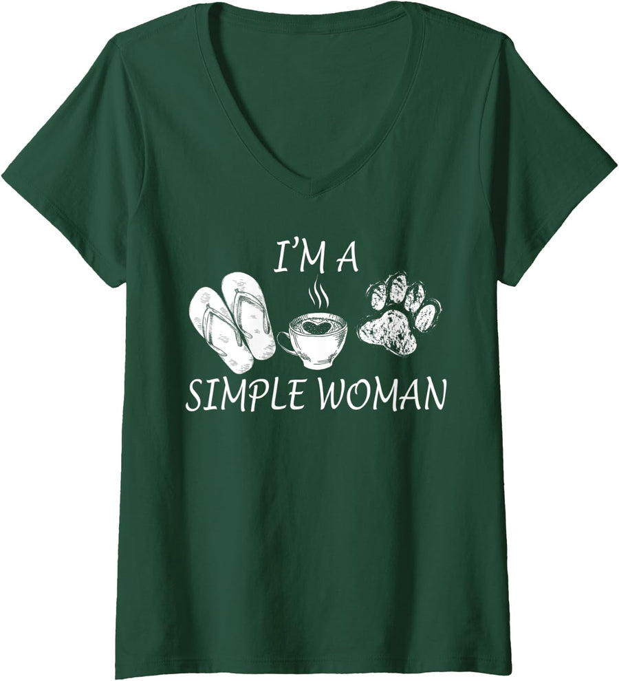 Womens Woman Simple Flip Flops Coffee Dog Paw Summer Vacation Funny V-Neck T-Shirt - Dark Green