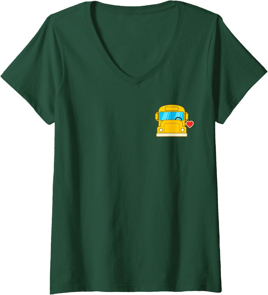 Women's School Bus Driver Funny Heart Love Appreciation Pocket V-Neck T-Shirt - Dark Green