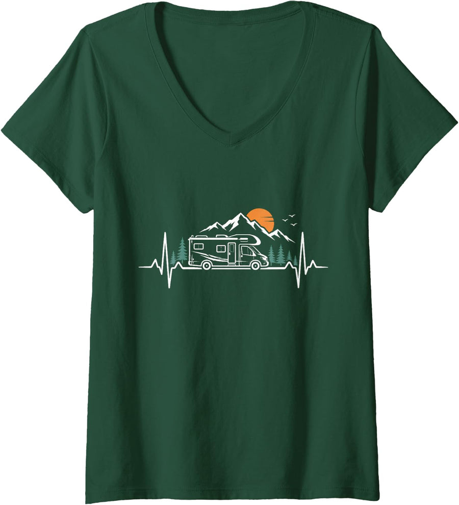 Women's RV Heartbeat Mountain Camping V-Neck T-Shirt - Dark Green
