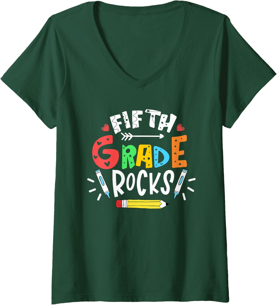 5th Grade Rocks Fifth Grade Teacher 5th Grade Teacher V-Neck T-Shirt - Dark Green