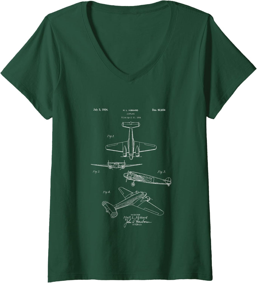 Women's Vintage Airplane Patent Aviation Pilot Aircraft Blueprint V-Neck T-Shirt - Dark Green