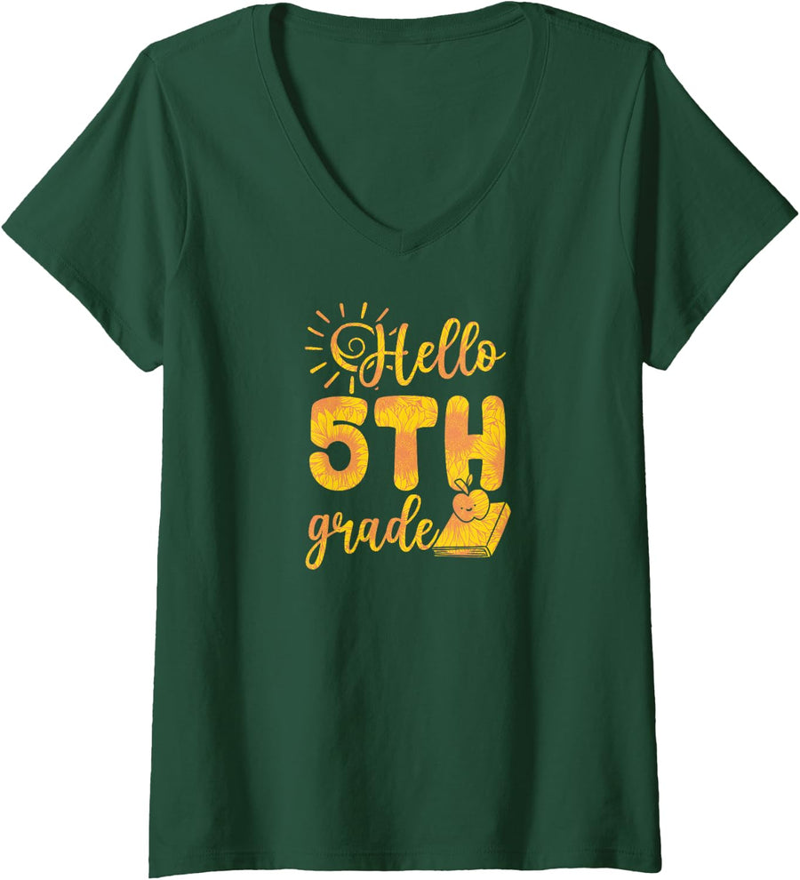 Women's Hello 5th Grade Fifth Grader School Picture Day Sunshine V-Neck T-Shirt - Dark Green