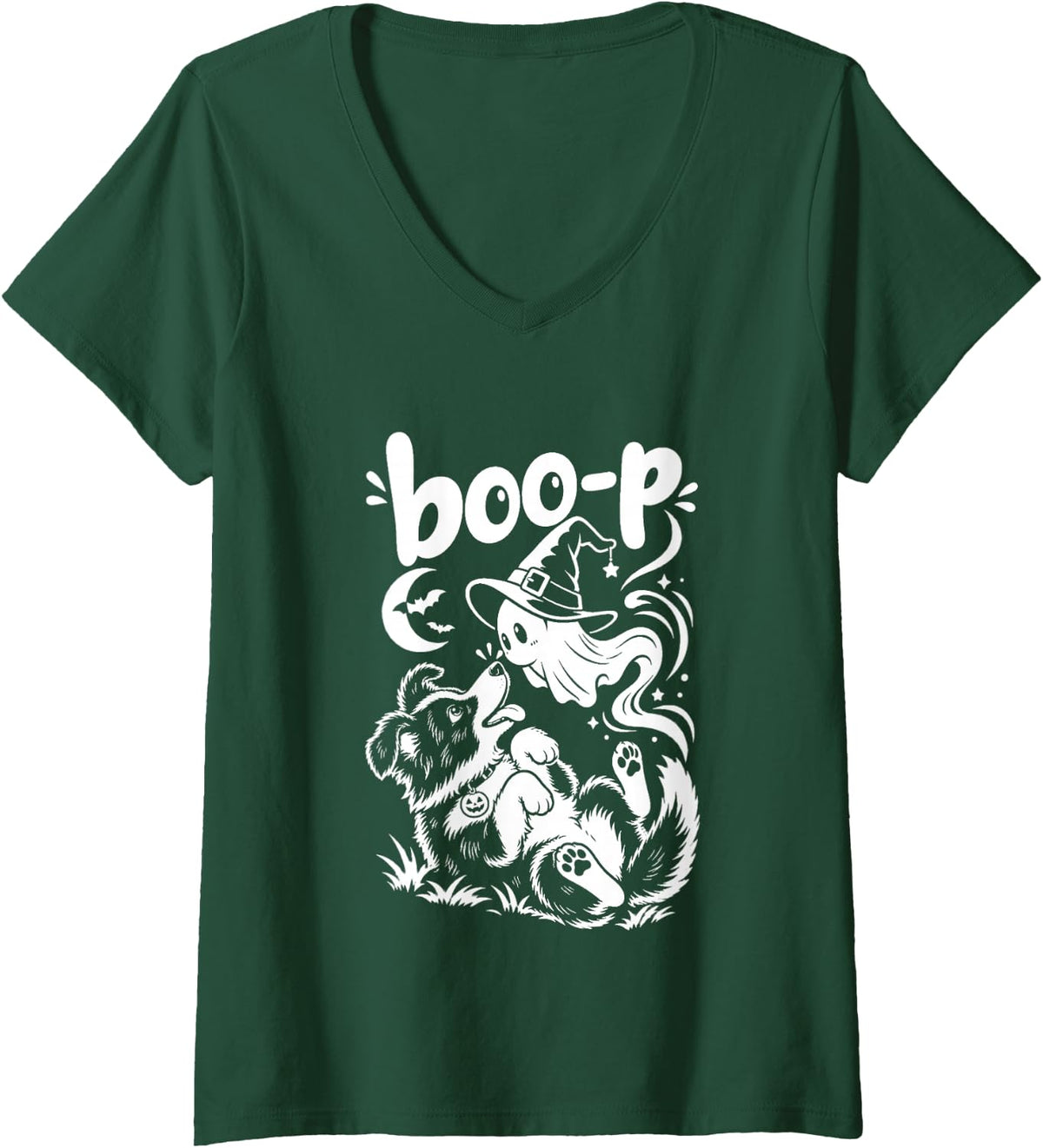 Women's Border Collie Ghost Boop Funny Halloween Costume Dog Lovers V-Neck T-Shirt - Dark Green