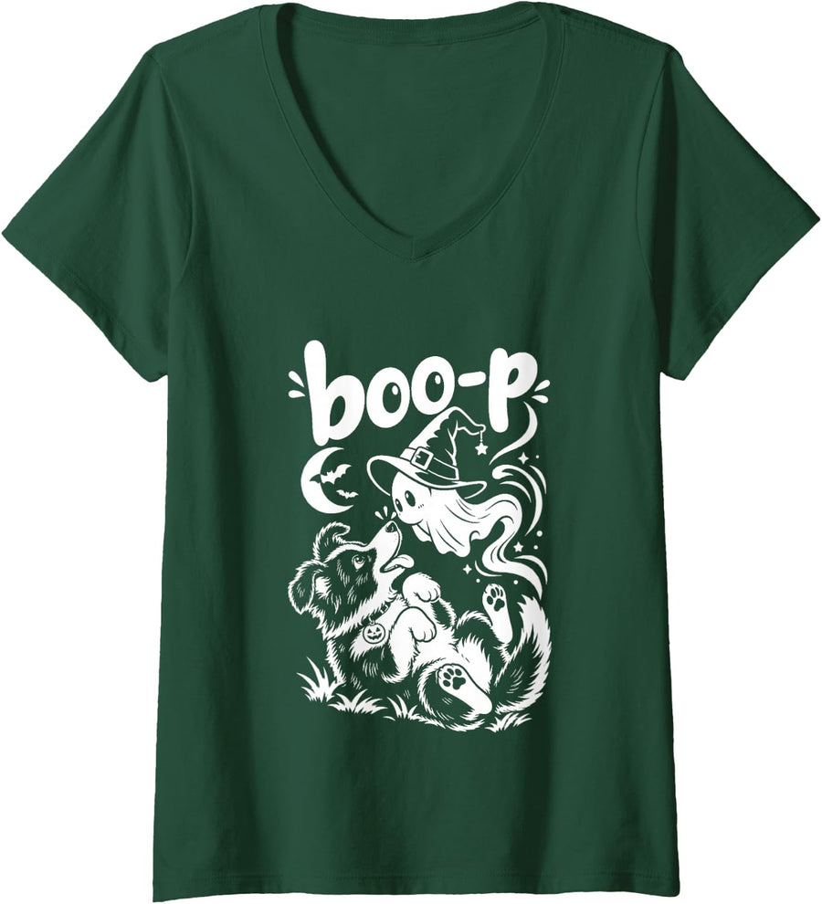 Women's Border Collie Ghost Boop Funny Halloween Costume Dog Lovers V-Neck T-Shirt - Dark Green