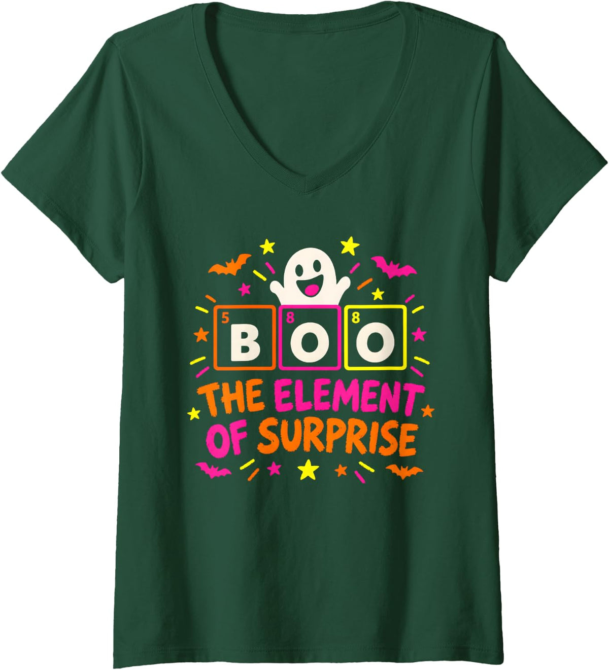 Women's The Element of Surprise Boo Science Chemistry Halloween V-Neck T-Shirt - Dark Green