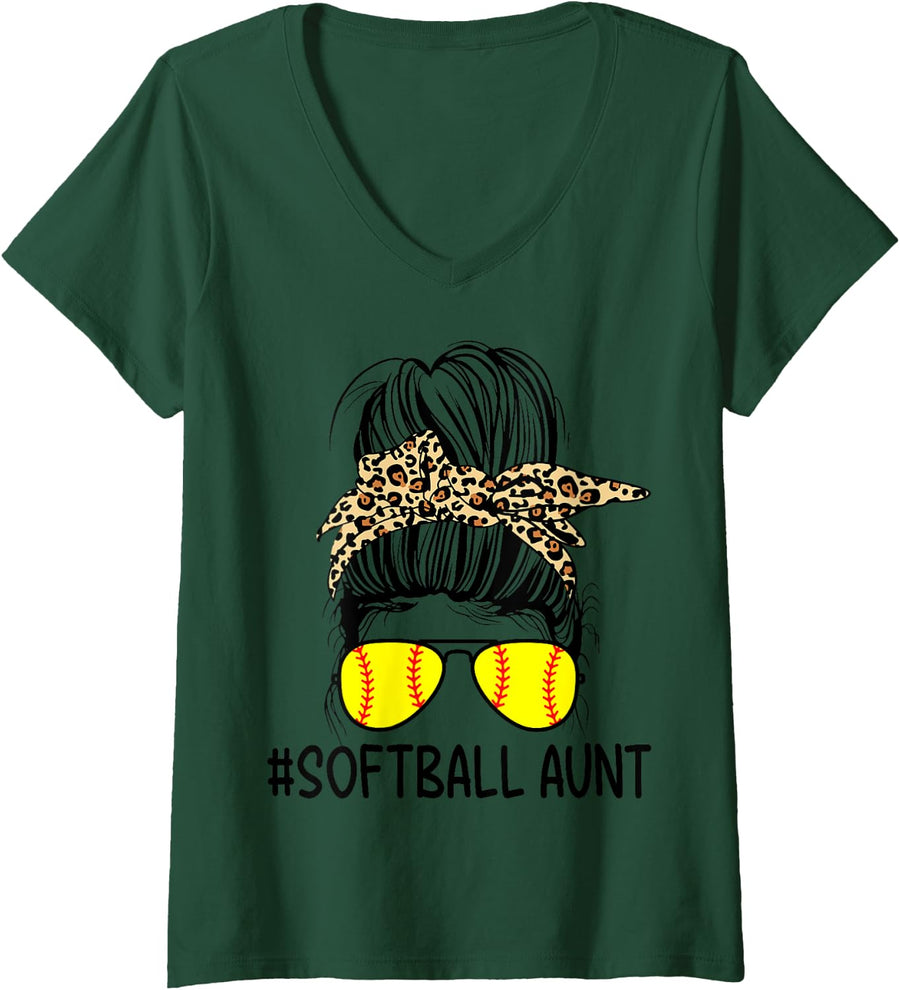 Womens Softball Aunt Leopard Messy Bun Softball Auntie V-Neck T-Shirt - Dark Green