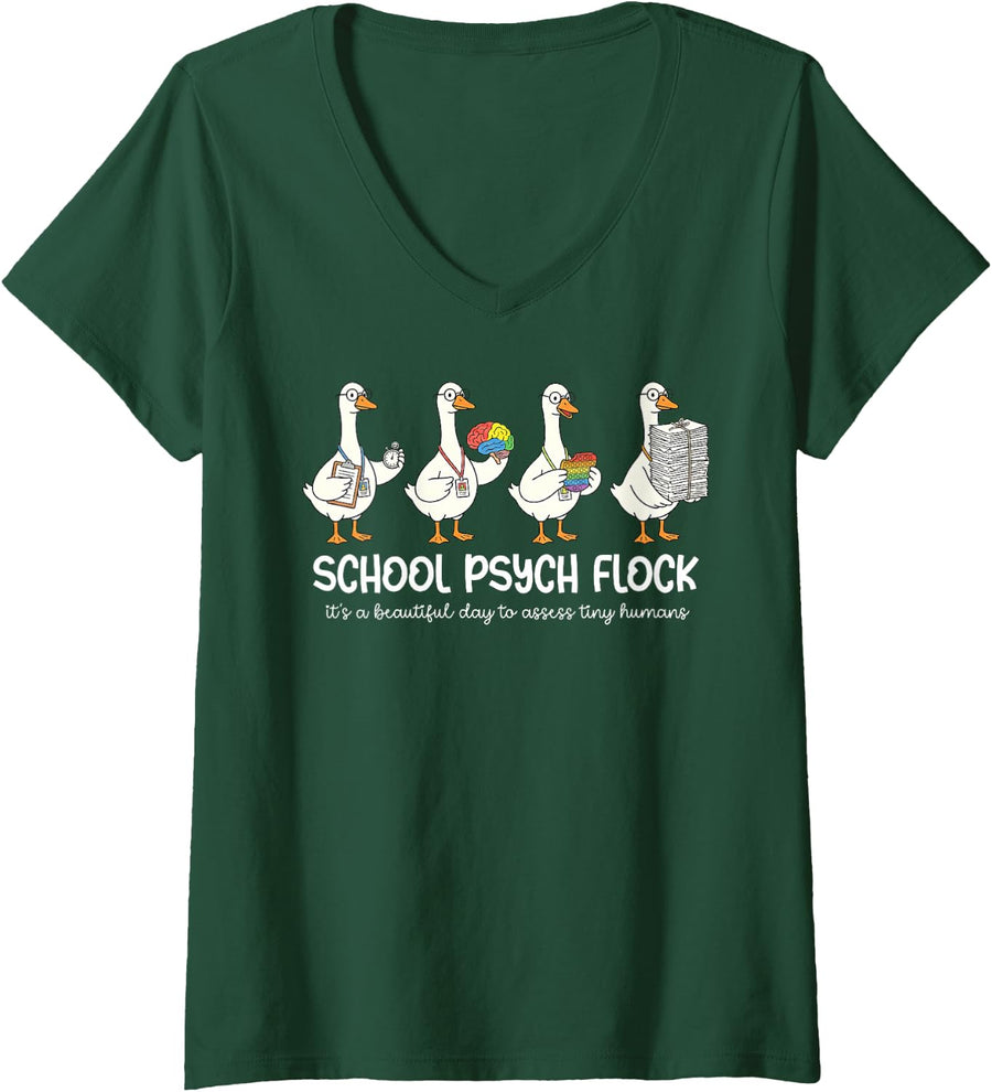 Women's School Psych Flock Silly Goose School Psychologist Teacher V-Neck T-Shirt - Dark Green