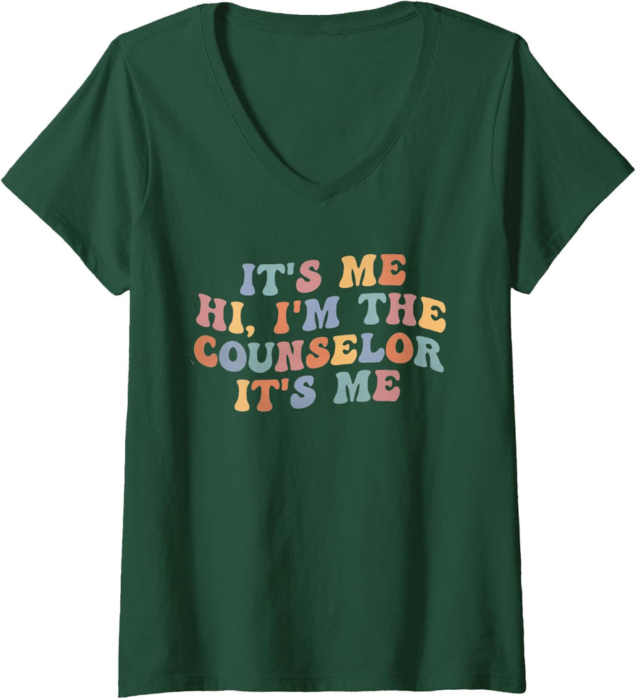 Women's It's Me Hi Im the Counselor Retro School Counselor Therapist V-Neck T-Shirt - Dark Green